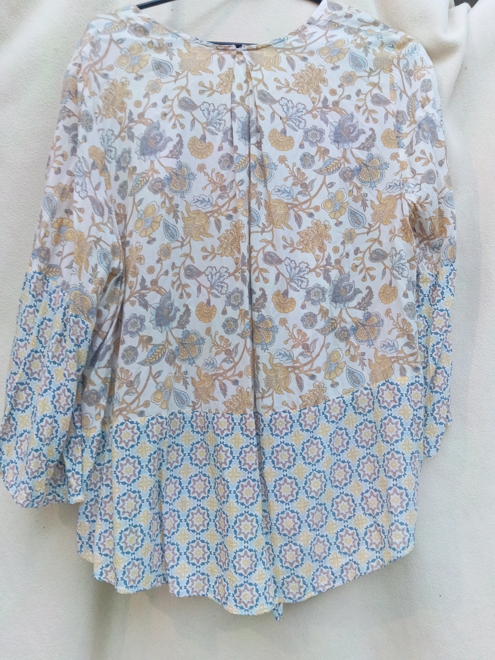 Printed Long Sleeve Boho Top - White, Gold & Blue - Picture 3 of 4